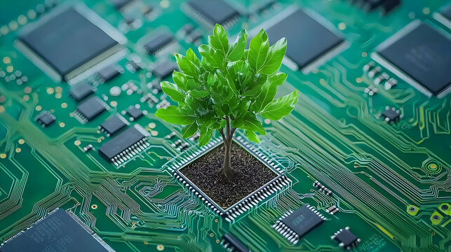 Green Tree Growing From Electronic Circuit Board Represents Technology And Environment