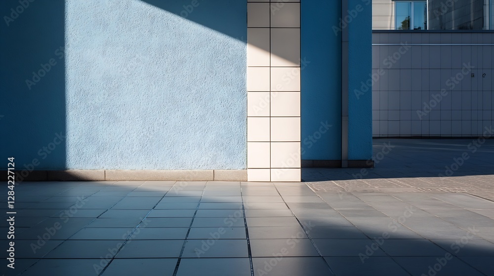 Poster bright blue wall casting shadows against sleek modern architecture : generative ai