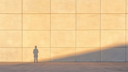 A long, dramatic shadow of a person cast on a textured concrete wall during golden hour.