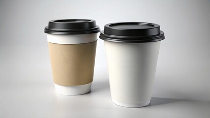 3D rendered image of white and black paper coffee cups with lids, on a white background for branding purposes.
