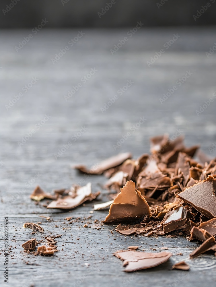 Poster closeup of finely chopped chocolate pieces scattered on a dark surface highlighting rich textures an