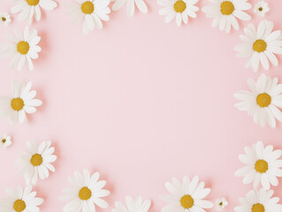 Obraz premium Beautiful spring flower frame. White flowers on pastel pink background whith copy space. Valentine's Day, Easter, Birthday, Happy Women's Day, Mother's Day. Flat lay, top view, 