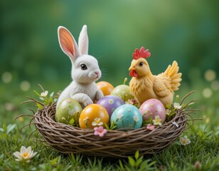 Easter chicken and bunny with colorfull eggs in the nest