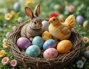 Easter chicken and bunny with colorfull eggs in the nest
