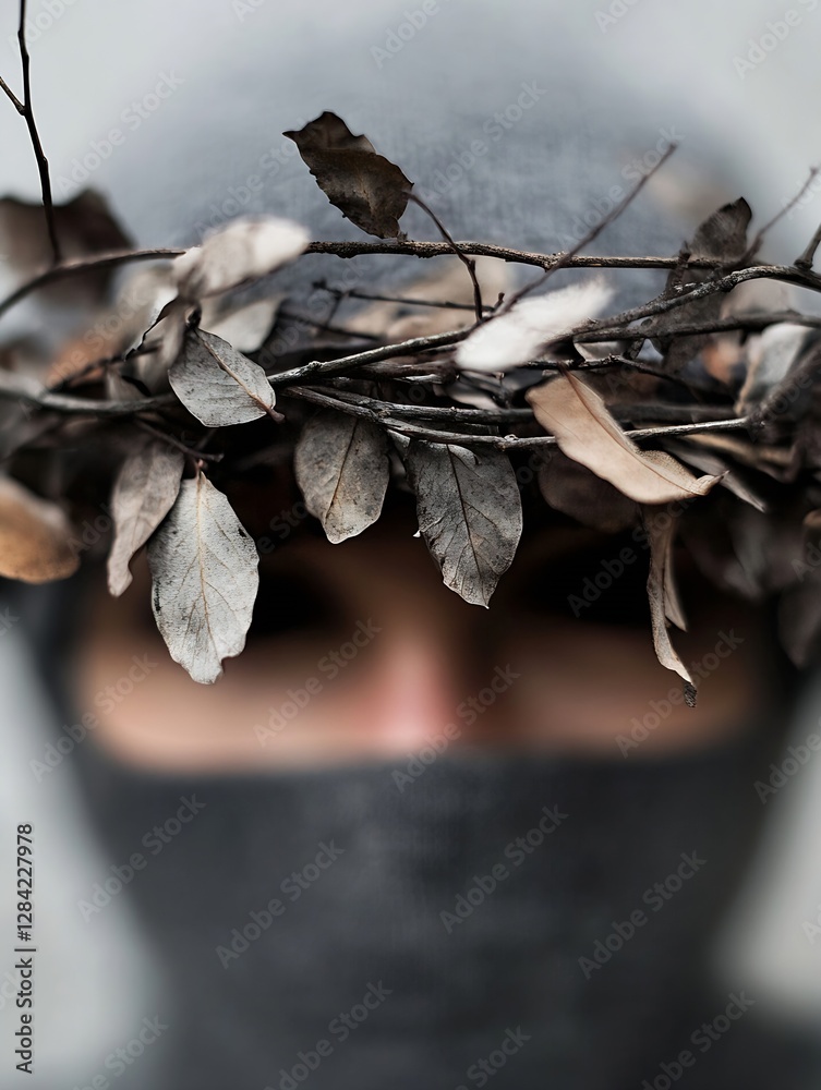 Poster Artistic portrait of figure adorned with leaves creating a mystical atmosphere : Generative AI