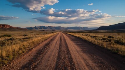 Fototapeta premium Dusty dirt road weaving through the rugged terrain leading to distant mountains in the golden hour light : Generative AI