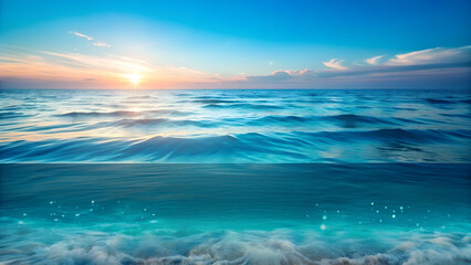 Obraz premium Tranquil watercolor background with flowing waves of blues and teals, depicting a peaceful ocean scene, representing calmness and reflection during the cherished moments of Tarawih prayers, with copy 