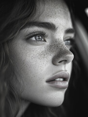 Portrait of a girl with striking freckles and blue eyes