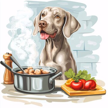 weimaraner dog cooking food in kitchen clip art preview