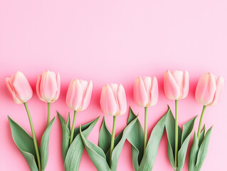 Fototapeta premium Beautiful spring flowers. Bouquet of pink tulips flowers on pastel pink background. Valentine's Day, Easter, Birthday, Happy Women's Day, Mother's Day. Flat lay, top view, copy space