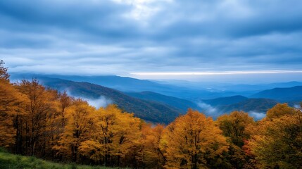 Stunning autumn landscape with vibrant orange trees overlooking a valley under a cloudy sky : Generative AI
