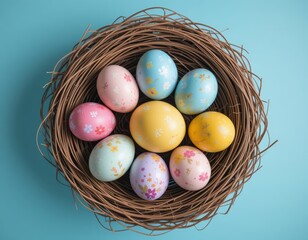 Fototapeta premium Easter colored eggs in the nest on blue background