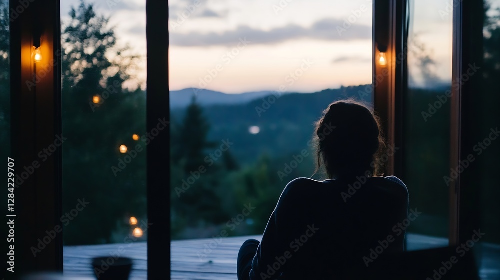 Poster person sitting in a cozy room gazing at the sunset through large glass windows in a tranquil setting