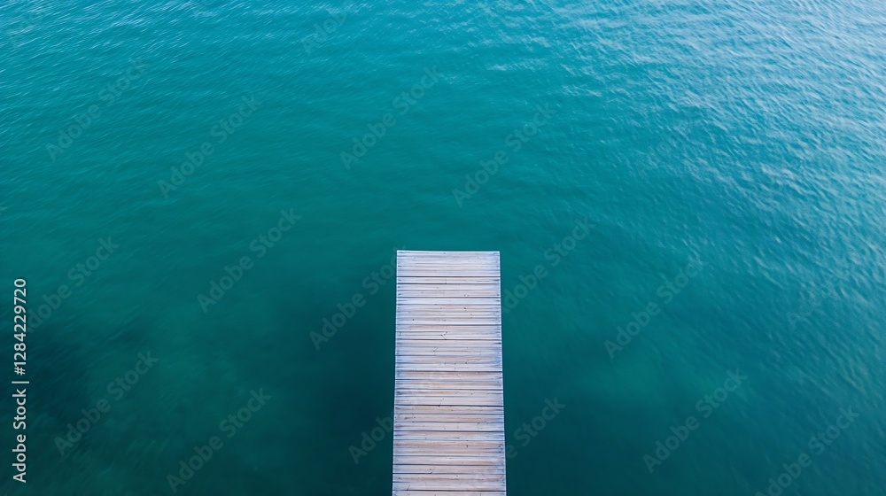 Poster a scenic aerial view of a wooden dock extending into tranquil blue waters surrounded by nature : gen