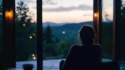 Person sitting in a cozy room gazing at the sunset through large glass windows in a tranquil setting : Generative AI