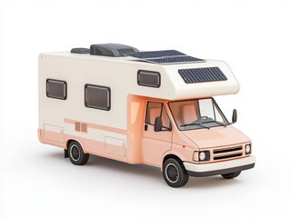Naklejka premium Elegant motorhome with rooftop terrace and solar panels, isolated on white, sustainable luxury travel