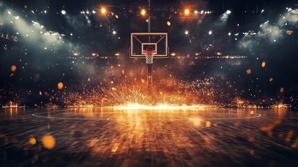  empty basketball court with the spotlight on one side, The background features dark wooden floors,