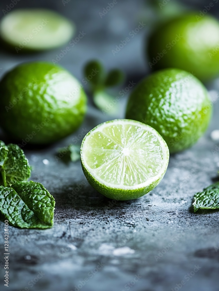 Poster fresh green limes cut open with sprigs of mint arranged for a vibrant drink display : generative ai