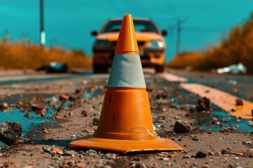 A bright orange traffic cone stands prominently on a cracked road, directing attention to the yellow car in the blurred background. emergency response