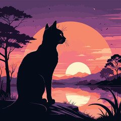 a silhouette of a cat sitting and looking at a sunset