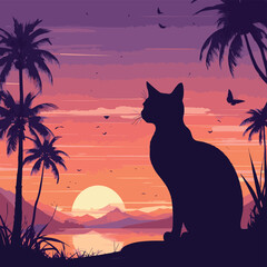 a silhouette of a cat sitting and looking at a sunset
