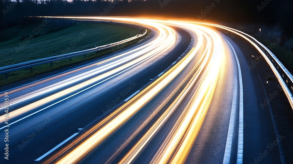 Aufkleber Dynamic light trails on a winding highway at night creating a vibrant atmosphere : Generative AI