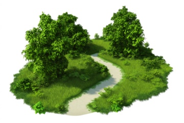 Green landscape with trees and winding pathway isolated png transparent background