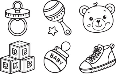 Variant style editable baby toys stroke line art vector icons set. Flat black lines isolated on a white background.