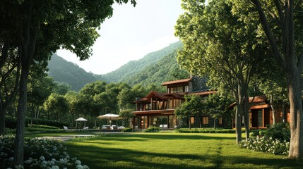 Obraz premium A lavish house nestled in a valley with towering trees and expansive lawns, offering an ideal combination of nature and modern comfort.