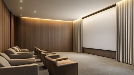Modern home theater interior with cozy seating, ambient lighting, and large projection screen