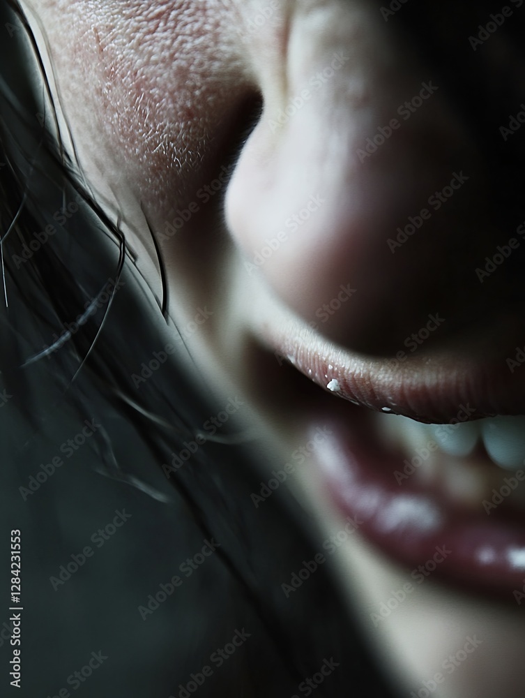 Poster Closeup Portrait of a Person Smiling with Soft Focus on Facial Features and Textures : Generative AI