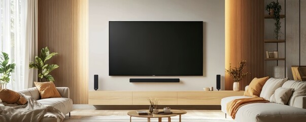 Modern living room with large tv, beige sofas, and wooden decor elements