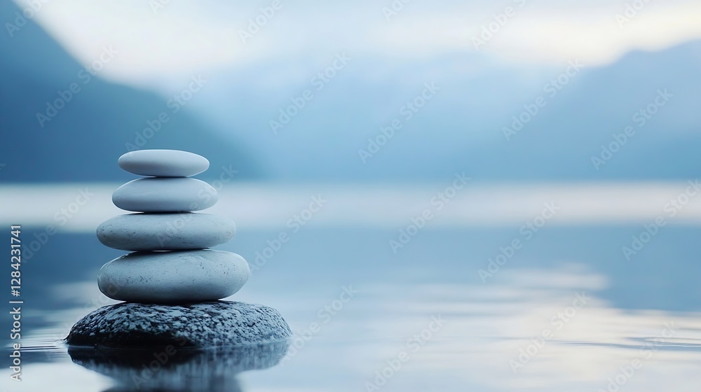 Poster Serene stack of smooth pebbles balances on rock amidst calm water and gentle misty atmosphere : Generative AI