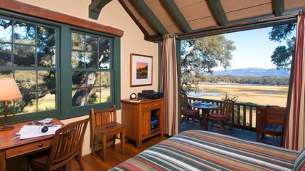 Cabin Interior with Rustic Wood Furniture Featuring Outdoor View on a Sunny Day