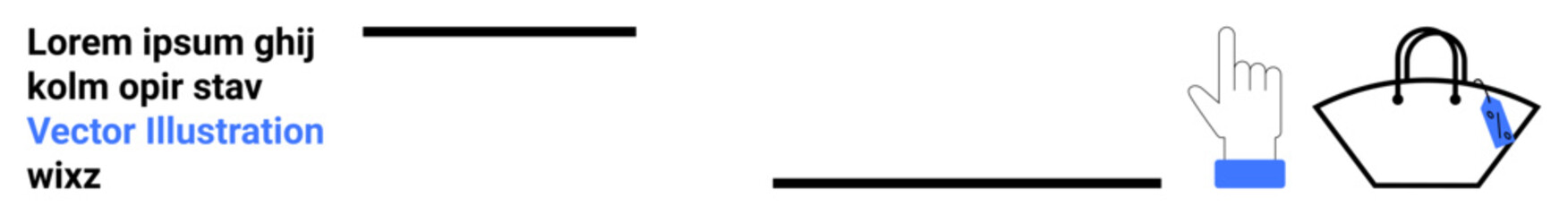 Hand icon interacts with shopping bag symbol and placeholder text, emphasizing interaction, online shopping, call-to-action, e-commerce, user experience, digital interface, flat landing page banner