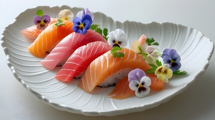 Fresh Nigiri Sushi with Colorful Edible Flower Decoration