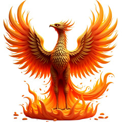 A golden phoenix with intricate feather details, wings spread wide, emerging from swirling red and orange flames. PNG file download 