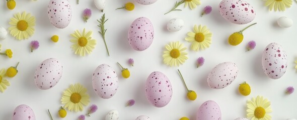 Colorful Pink Speckled Easter Eggs Surrounded by Yellow and Purple Flowers