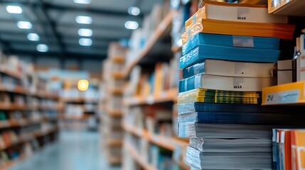 Obraz premium Stunning photo of organized books and documents in a bright modern library shelving unit : Generative AI