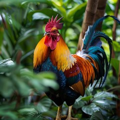 Rich greenery, vibrant roosters, intricately colored feathers, and a magnificent farm bird in its natural habitat, Generative AI.