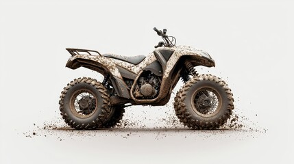 Rugged offroad quad bike with mudsplattered tires, isolated on white, adventureready design