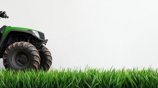 Utility quad bike with tool attachments, isolated, farm and field ready