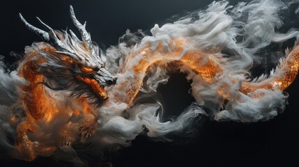 Majestic fiery chinese dragon surrounded by smoke spirals in a dark dramatic setting