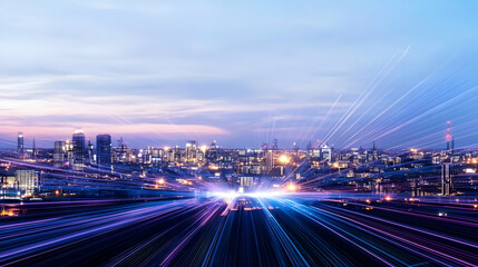 Panoramic Cityscape Illuminated At Night With Bright Lights Trails Under Twilight Sky