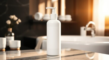 Elegant Bathroom Essential: A minimalist white dispenser bottle in a sophisticated setting, showcasing clean design