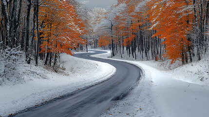 Obraz premium Winding snow-covered road through autumn forest