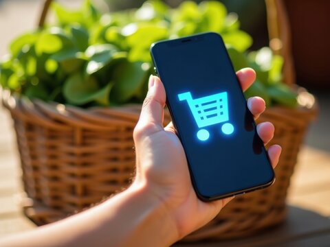 Mano sostiene un tel&eacute;fono inteligente moderno, la pantalla ilumina un vibrante s&iacute;mbolo de carrito digital
