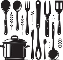 Black Color Ladle,Slotted spoon,Tongs Silhouette Vector Illustration design, Solid White Background