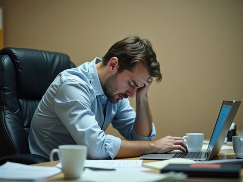 Oficinista cansado, con una mezcla de frustraci&oacute;n y fatiga grabada en su rostro
