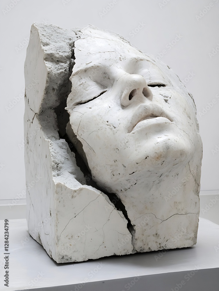Poster Captivating sculpture of a serene face partially emerging from a cracked stone block : Generative AI
